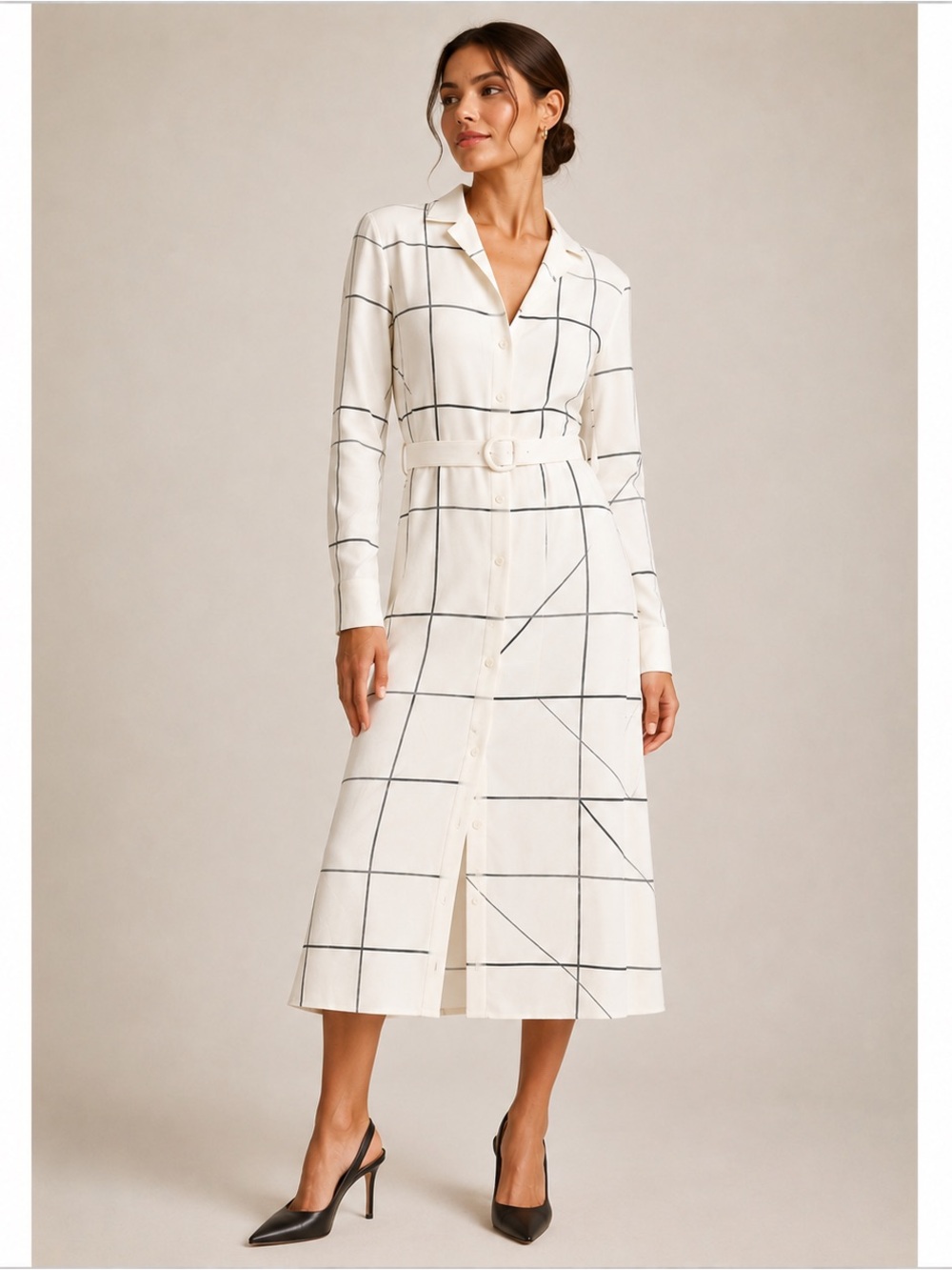 Lafayette 148 NY Windowpane Belted Shirt Dress Ivory Black Grid Sz 2 NWT